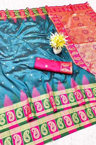 firozi zari woven banarasi silk blend traditional saree with blouse piece