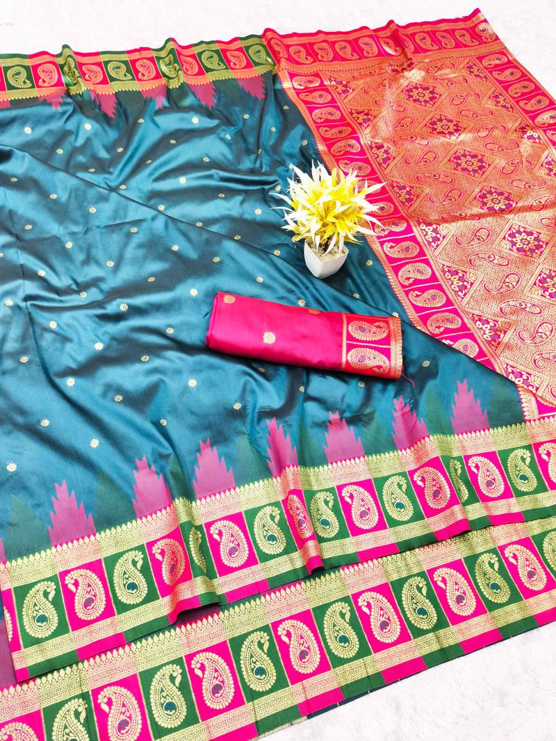 firozi zari woven banarasi silk blend traditional saree with blouse piece