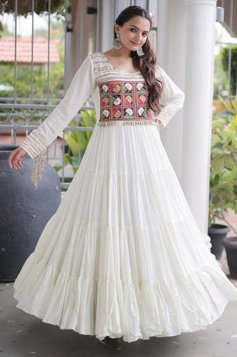 white rayon kutchi gamthi thread embroidered mirror work  flair gown