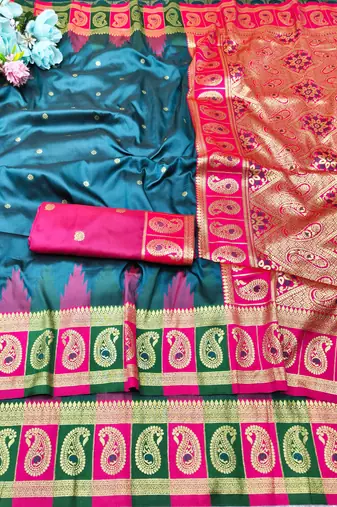 firozi zari woven banarasi silk blend traditional saree with blouse piece