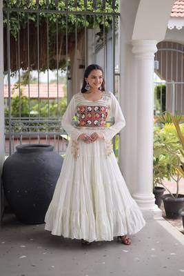 white rayon kutchi gamthi thread embroidered mirror work  flair gown 3