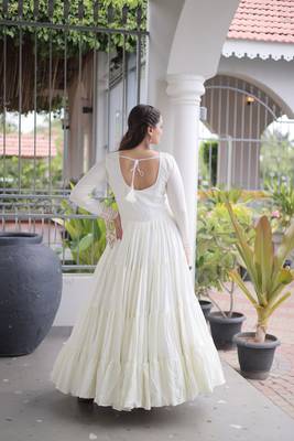 white rayon kutchi gamthi thread embroidered mirror work  flair gown 4