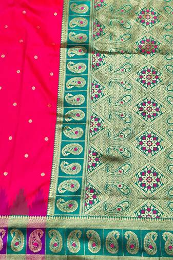 pink zari woven banarasi silk blend traditional saree with blouse piece