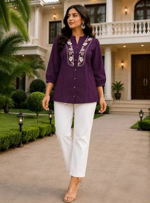 Wine embroidered short tunic kurti with off-white bottom set 1