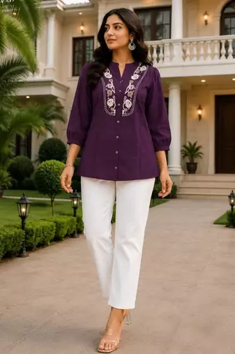Wine embroidered short tunic kurti with off-white bottom set
