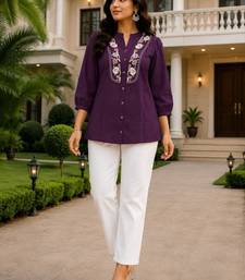 Wine embroidered short tunic kurti with off-white bottom set