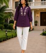 Wine embroidered short tunic kurti with off-white bottom set