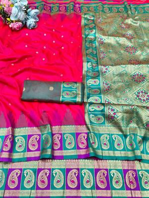 pink zari woven banarasi silk blend traditional saree with blouse piece 3