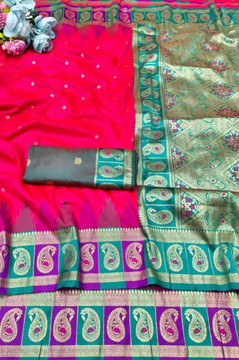 pink zari woven banarasi silk blend traditional saree with blouse piece