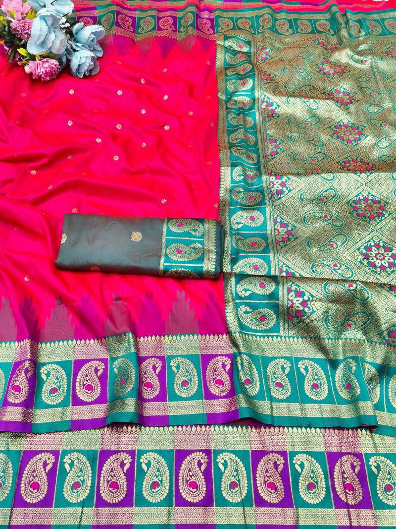 pink zari woven banarasi silk blend traditional saree with blouse piece