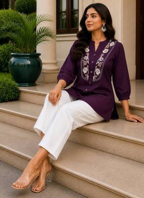 Wine embroidered short tunic kurti with off-white bottom set 2