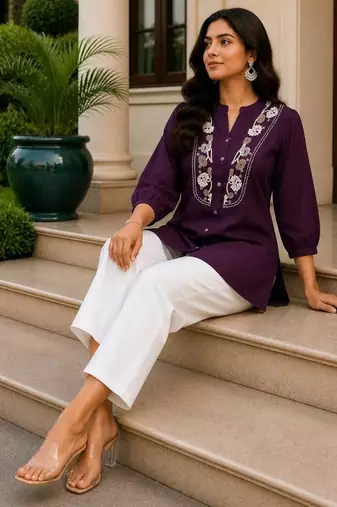 Wine embroidered short tunic kurti with off-white bottom set