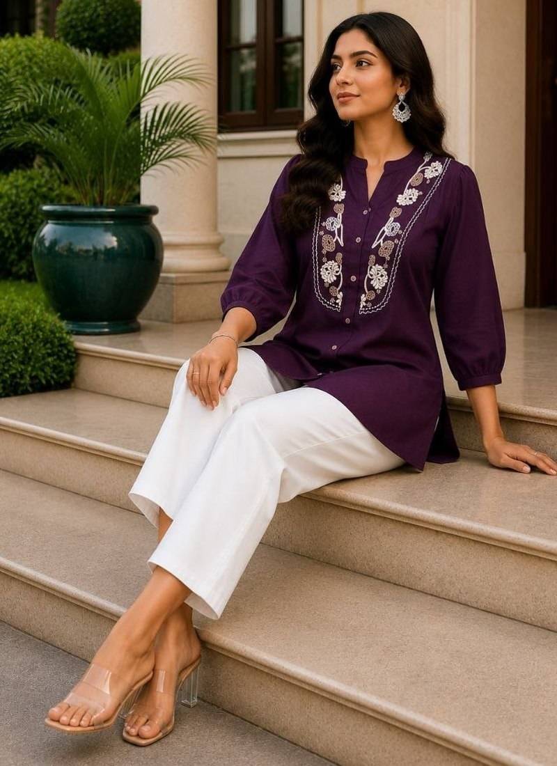 Wine embroidered short tunic kurti with off-white bottom set