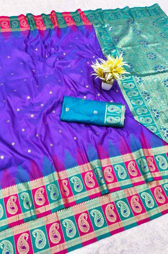 purple zari woven banarasi silk blend traditional saree with blouse piece
