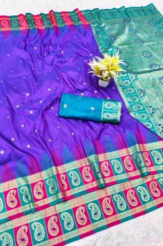 purple zari woven banarasi silk blend traditional saree with blouse piece