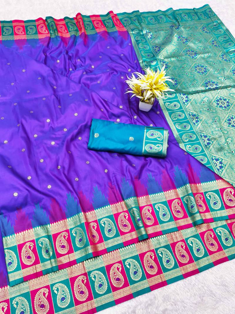 purple zari woven banarasi silk blend traditional saree with blouse piece