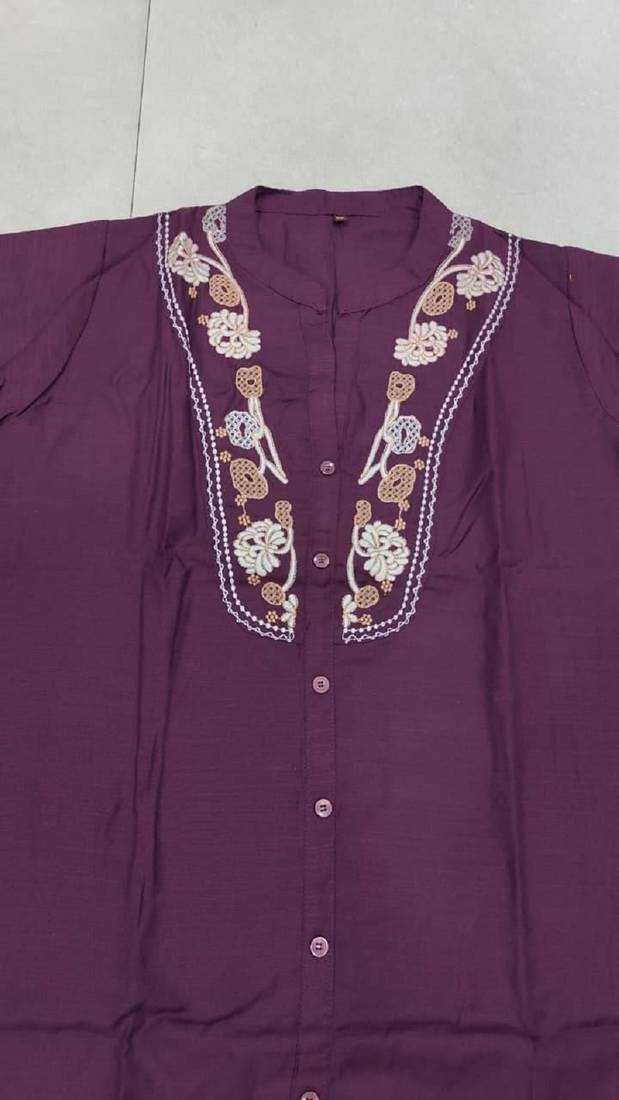 Wine embroidered short tunic kurti with off-white bottom set