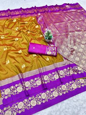mehendi zari woven banarasi silk blend traditional saree with blouse piece 1