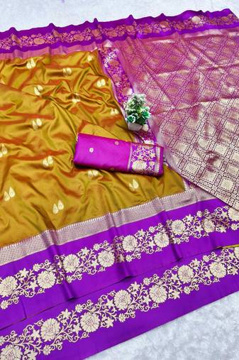 mehendi zari woven banarasi silk blend traditional saree with blouse piece