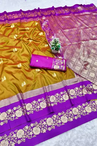 mehendi zari woven banarasi silk blend traditional saree with blouse piece