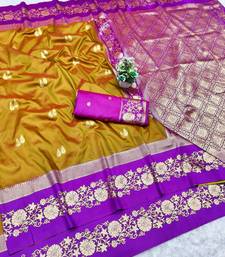 mehendi zari woven banarasi silk blend traditional saree with blouse piece