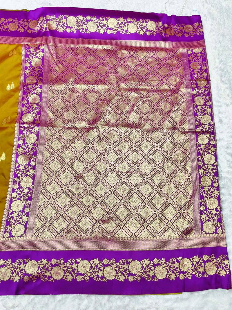mehendi zari woven banarasi silk blend traditional saree with blouse piece