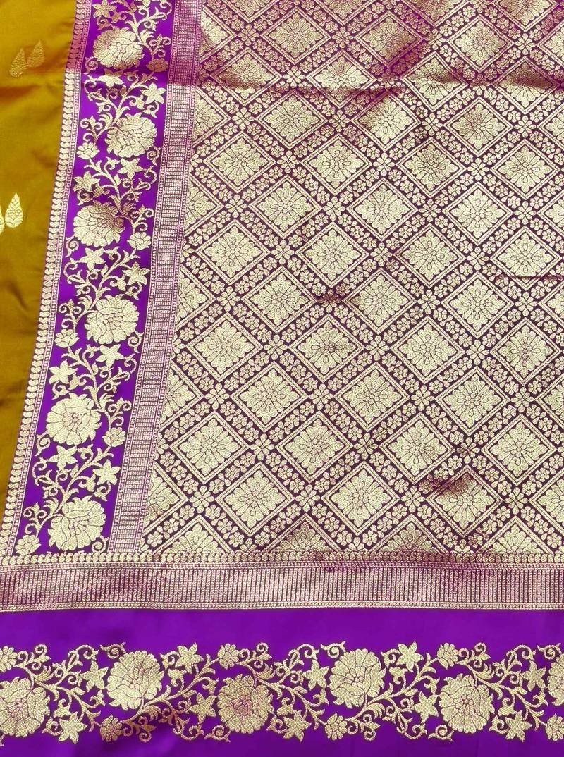 mehendi zari woven banarasi silk blend traditional saree with blouse piece