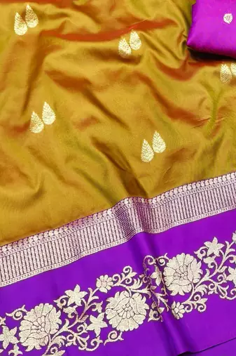 mehendi zari woven banarasi silk blend traditional saree with blouse piece