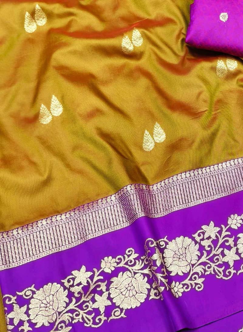 mehendi zari woven banarasi silk blend traditional saree with blouse piece