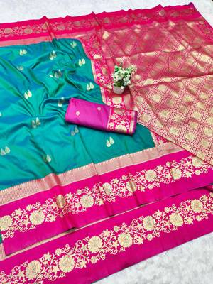 rama zari woven banarasi silk blend traditional saree with blouse piece 1