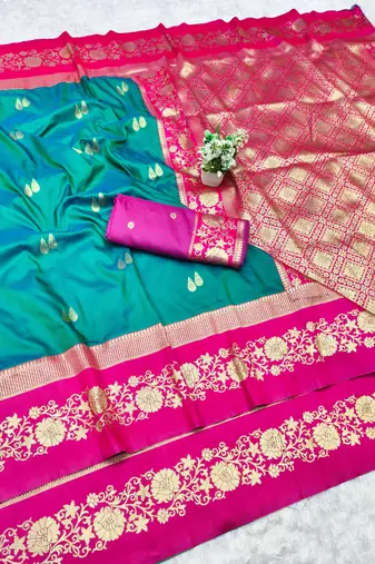 rama zari woven banarasi silk blend traditional saree with blouse piece
