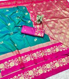 rama zari woven banarasi silk blend traditional saree with blouse piece