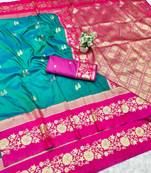 rama zari woven banarasi silk blend traditional saree with blouse piece