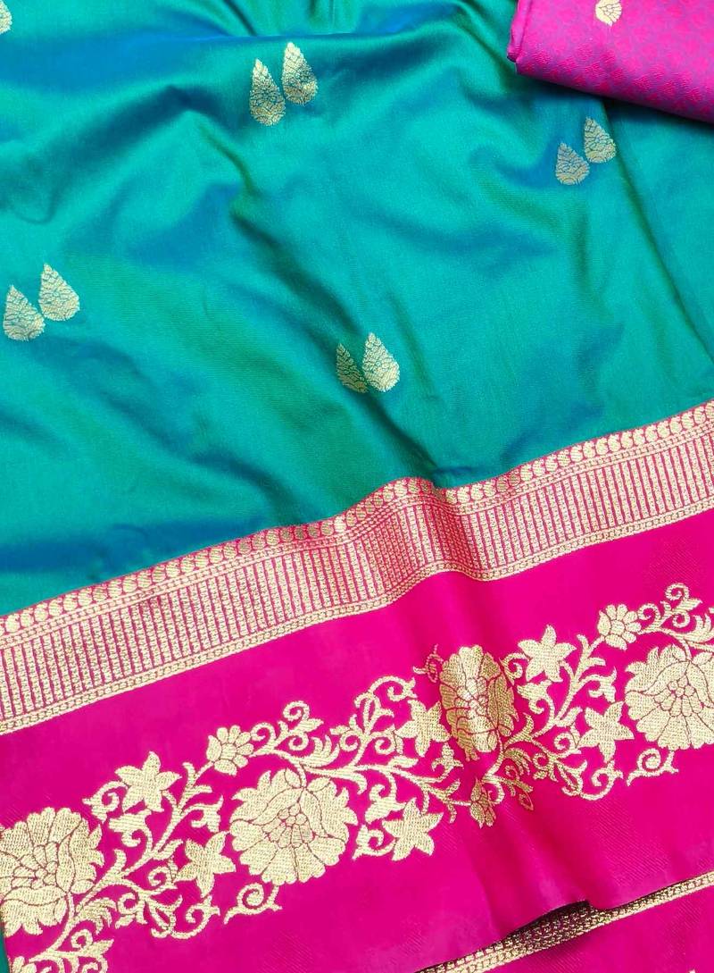 rama zari woven banarasi silk blend traditional saree with blouse piece