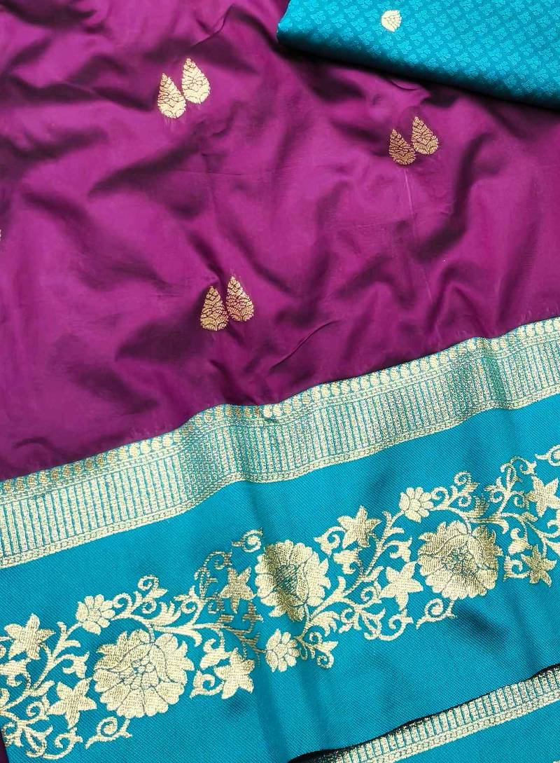wine zari woven banarasi silk blend traditional saree with blouse piece