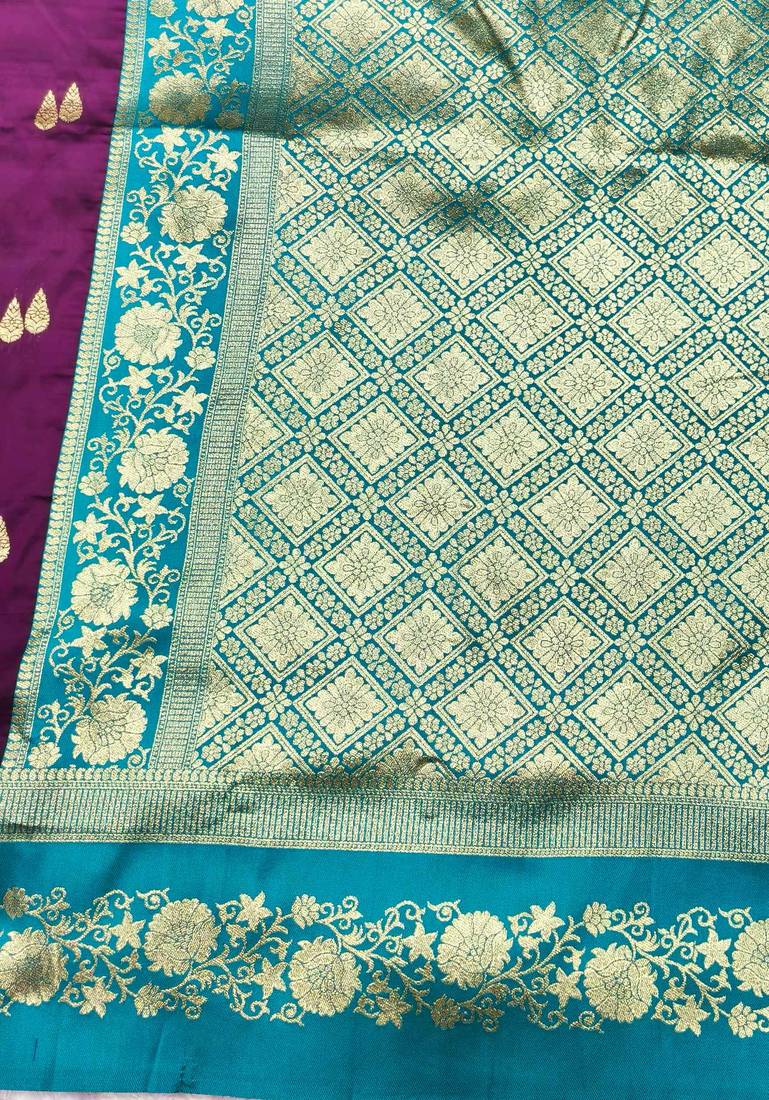 wine zari woven banarasi silk blend traditional saree with blouse piece