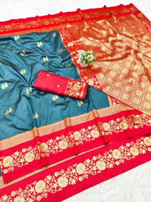 firozi zari woven banarasi silk blend traditional saree with blouse piece 1