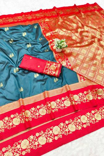 firozi zari woven banarasi silk blend traditional saree with blouse piece
