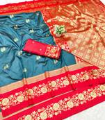 firozi zari woven banarasi silk blend traditional saree with blouse piece