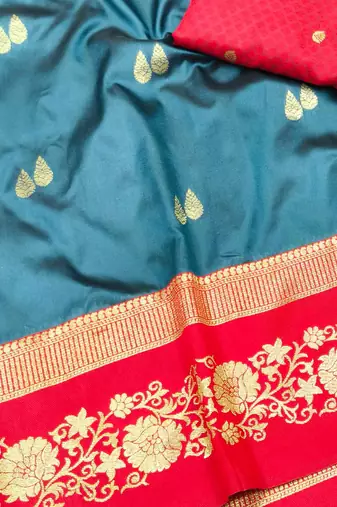 firozi zari woven banarasi silk blend traditional saree with blouse piece