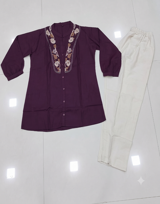 Wine embroidered short tunic kurti with off-white bottom set 4