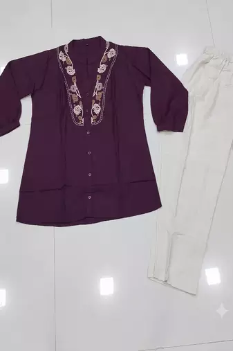 Wine embroidered short tunic kurti with off-white bottom set