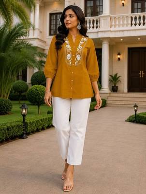 Yellow embroidered short tunic kurti with off-white bottom set 1