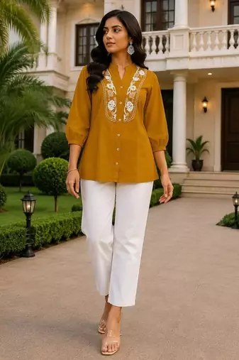 Yellow embroidered short tunic kurti with off-white bottom set