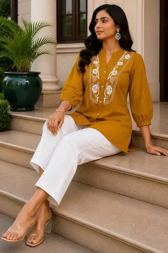 Yellow embroidered short tunic kurti with off-white bottom set