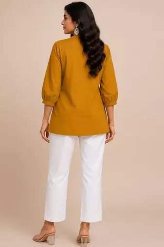 Yellow embroidered short tunic kurti with off-white bottom set
