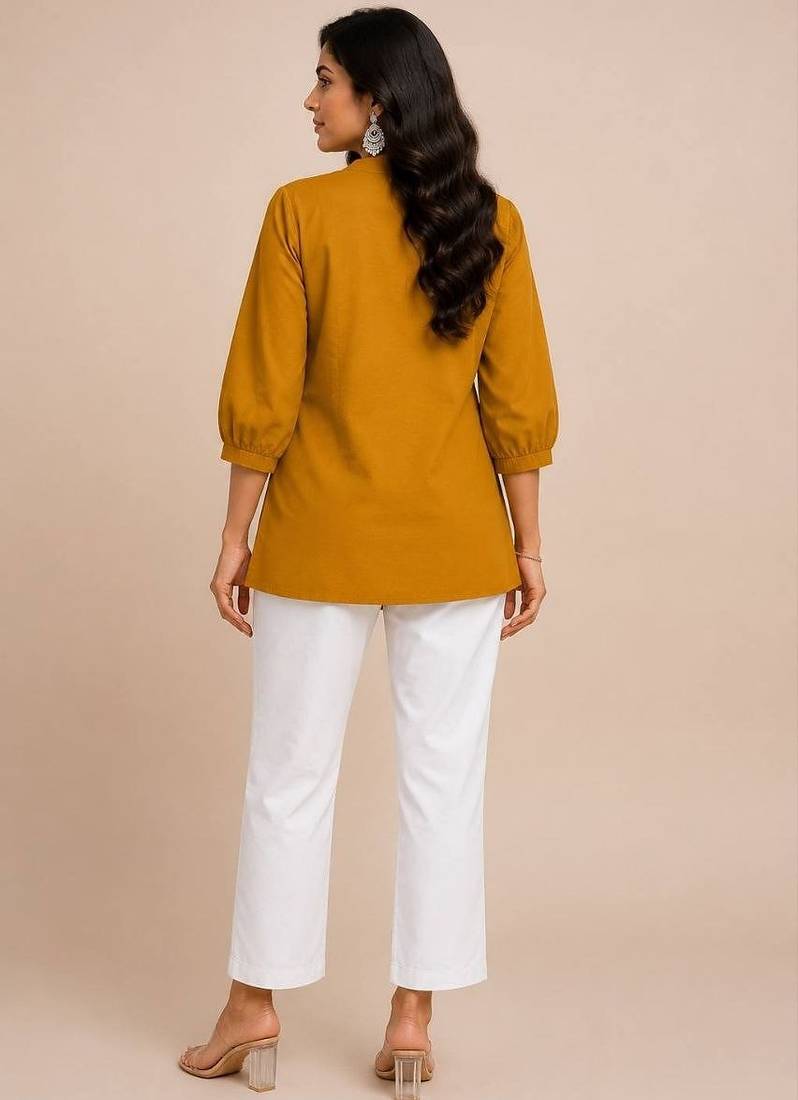 Yellow embroidered short tunic kurti with off-white bottom set