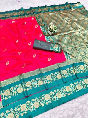pink zari woven banarasi silk blend traditional saree with blouse piece 1