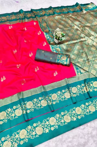 pink zari woven banarasi silk blend traditional saree with blouse piece