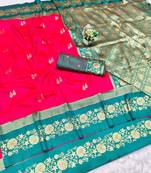 pink zari woven banarasi silk blend traditional saree with blouse piece